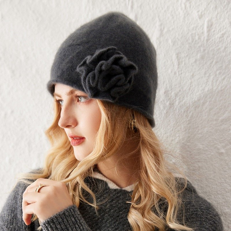 Womens Cashmere Beanie Hat With Handmade Crochet Flower Floral Hats Dark Gray M