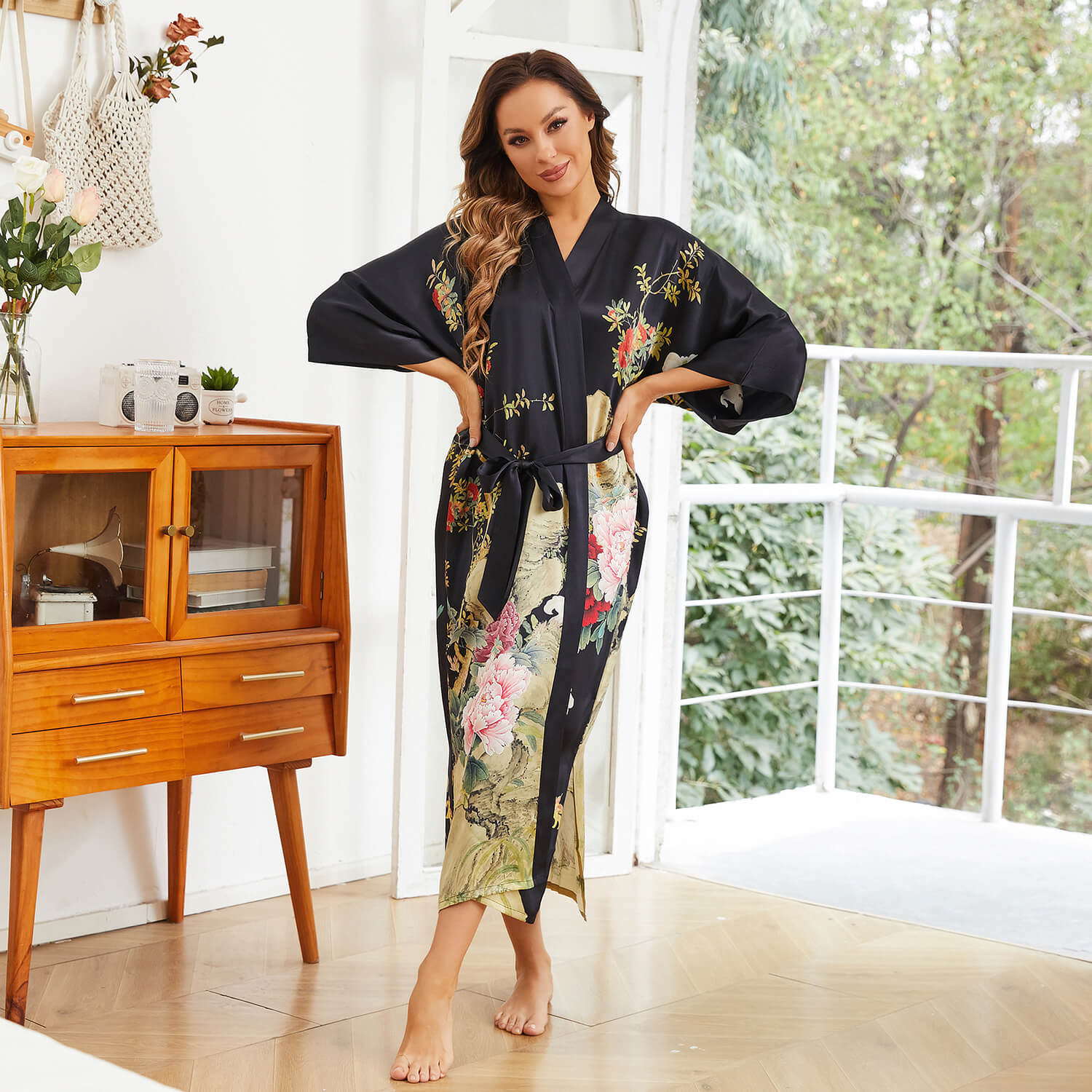 Floral Print Silk Kimono Robes Peony Blossoms Silk Bathrobe