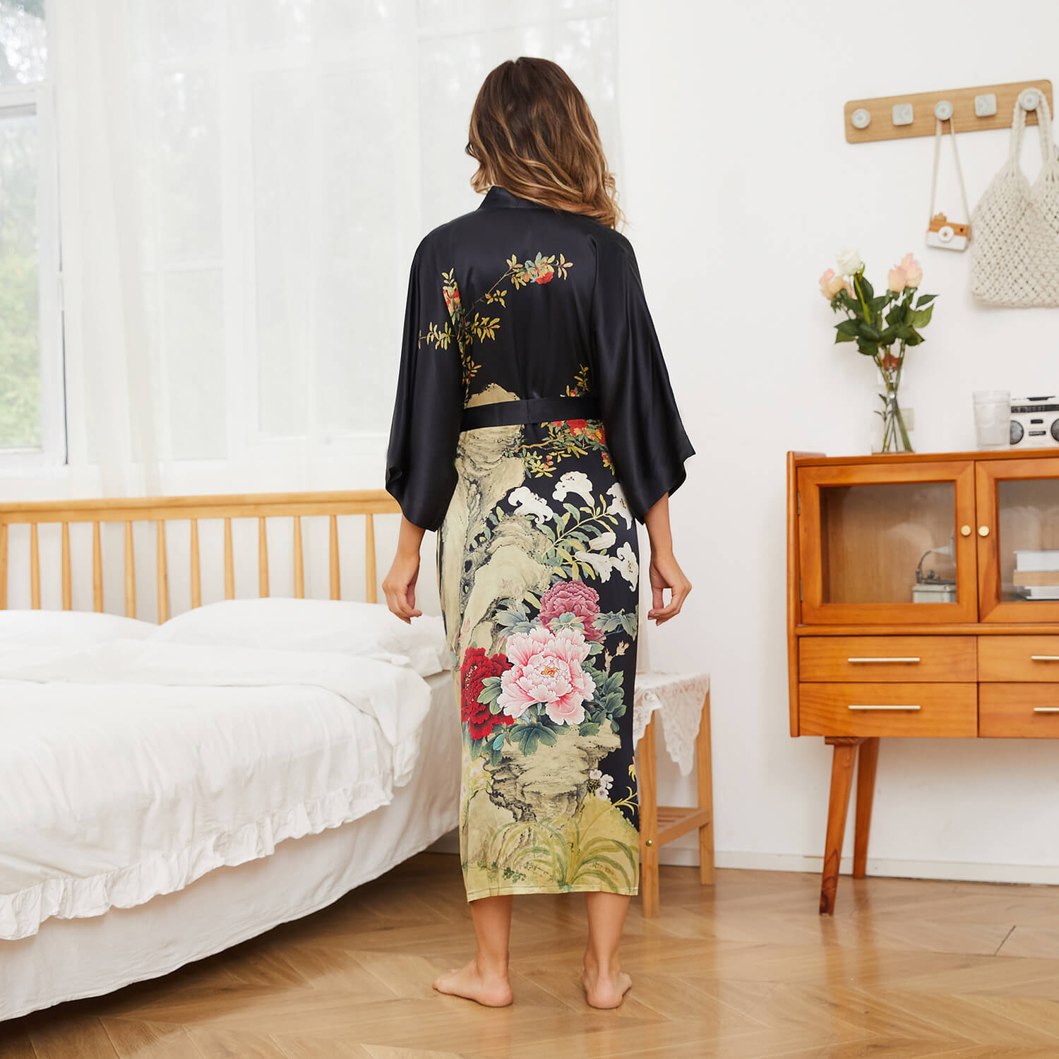 Floral Print Silk Kimono Robes Peony Blossoms Silk Bathrobe