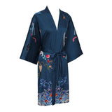 Short Crane And Dragon Print Pure Silk Kimono Robes