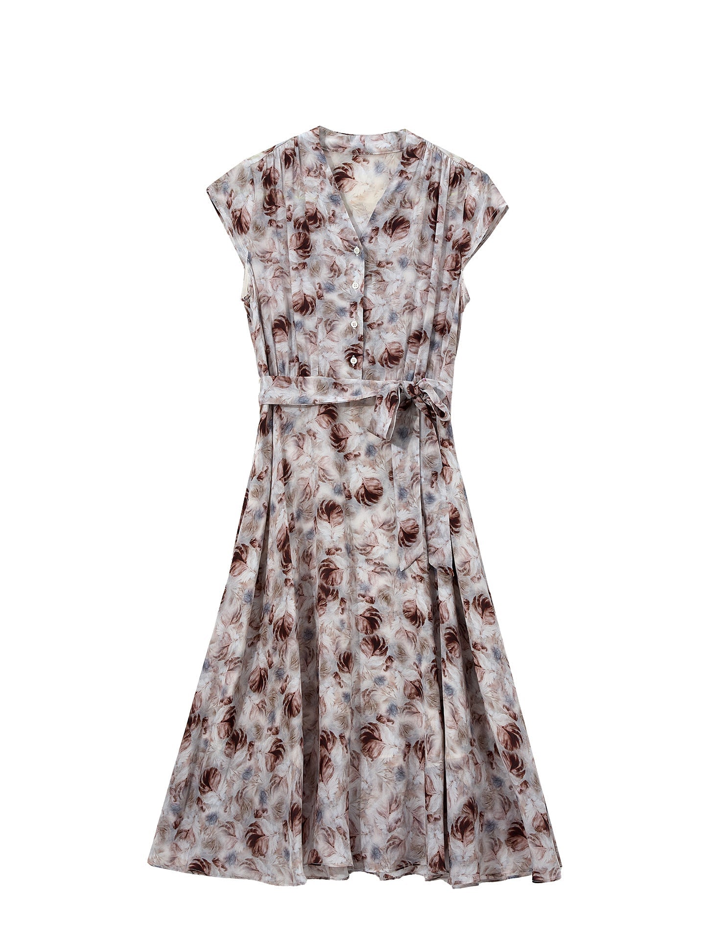 100% Silk Floral Dress for Women V Neck Belted Silk Midi Dress Summer Dress Ivory XS