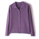 Maglione in cashmere da donna con collo a polo in puro cashmere lavorato a trecce e bottoni sul davanti