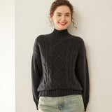 Pullover in cashmere a collo alto con maglia a rombi da donna