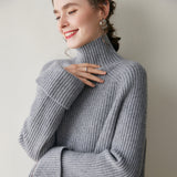 Maglione di cashmere a coste da donna dolcevita pullover raglan di cashmere