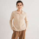 Maglione in cashmere da donna con collo a polo in puro cashmere lavorato a trecce e bottoni sul davanti