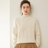 Pullover in cashmere a collo alto con maglia a rombi da donna