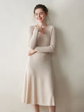 Womens V Neck Cashmere Dress Ribbed Knit Long Sleeve Cashmere Maxi Dress