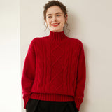 Pullover in cashmere a collo alto con maglia a rombi da donna