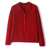 Maglione in cashmere da donna con collo a polo in puro cashmere lavorato a trecce e bottoni sul davanti