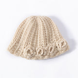Womens Cashmere Beanie Textured Ribbed Cashmere Bucket Hat with Floral Trim