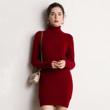 Mini abito maglione in maglia a maniche lunghe con collo alto da donna in cashmere