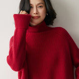 Maglione di cashmere a coste da donna dolcevita pullover raglan di cashmere