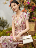 Womens Floral Print Silk Dress V Neck Short Sleeve Belted Silk Midi Dress