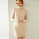 Mini abito maglione in maglia a maniche lunghe con collo alto da donna in cashmere