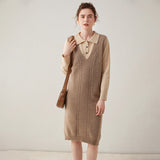Womens Cashmere Vest Dress V Neck Cable Knit Sleeveless Cashmere Midi Dress