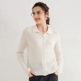 Maglione in cashmere da donna con collo a polo in puro cashmere lavorato a trecce e bottoni sul davanti
