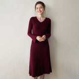 Womens Ribbed V-Neck Cashmere Midi Dress with Flared Sleeves