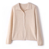 Maglione in cashmere da donna con collo a polo in puro cashmere lavorato a trecce e bottoni sul davanti