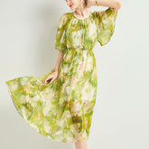 Abito Midi in Seta Chiffon per Donna con Maniche a Farfalla, motivo floreale verde<tc>color</tc> Abito in Seta Verde