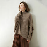 Maglione poncho in cashmere da donna con maniche a costine e collo finto in cashmere
