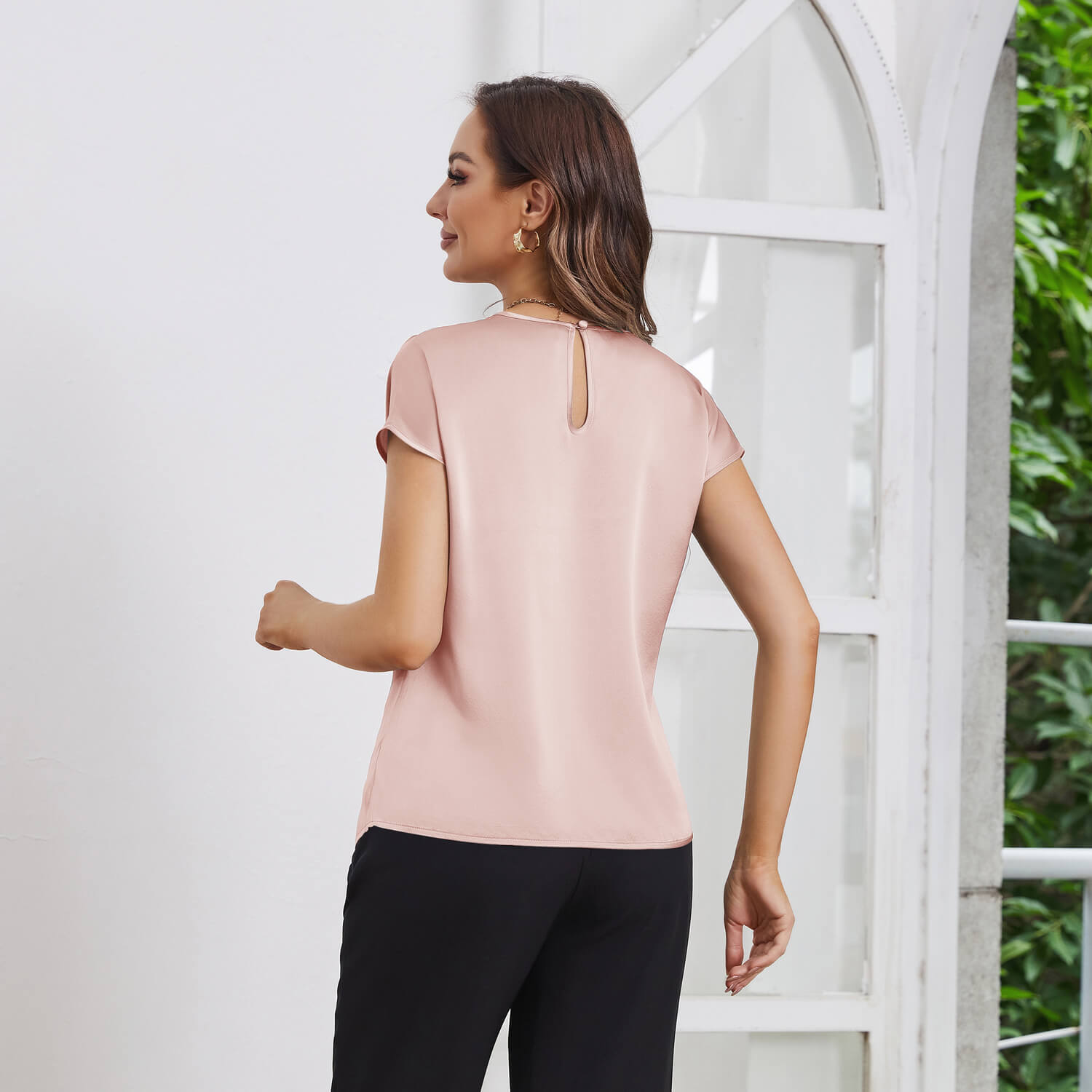 Womens Silk Tops Round Neck Short Sleeves Pure Silk Shirts