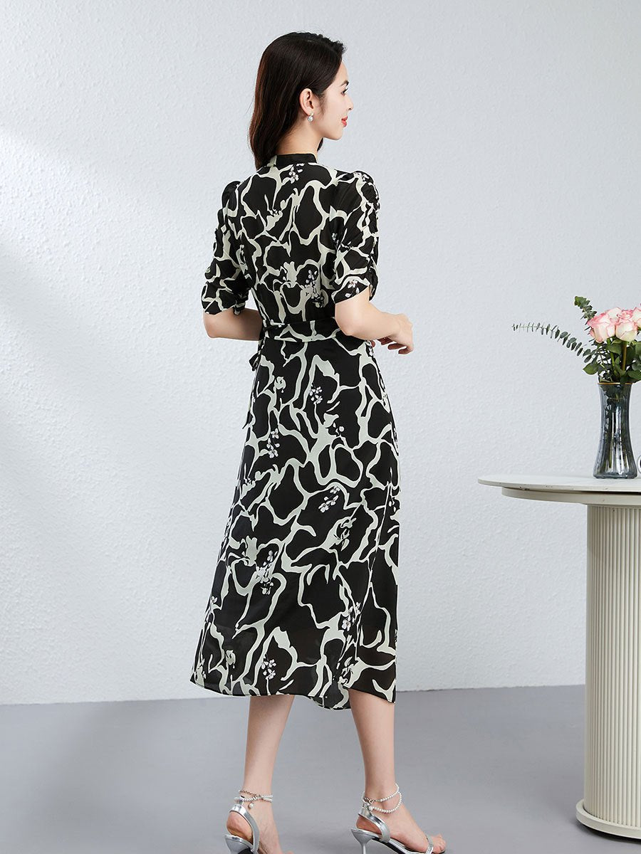 Abstract Print Silk Wrap Dress for Women Silk Midi Dress V Neck Short Sleeve Dress Black XS