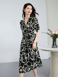 Abstract Print Silk Wrap Dress for Women Silk Midi Dress V Neck Short Sleeve Dress Black XS