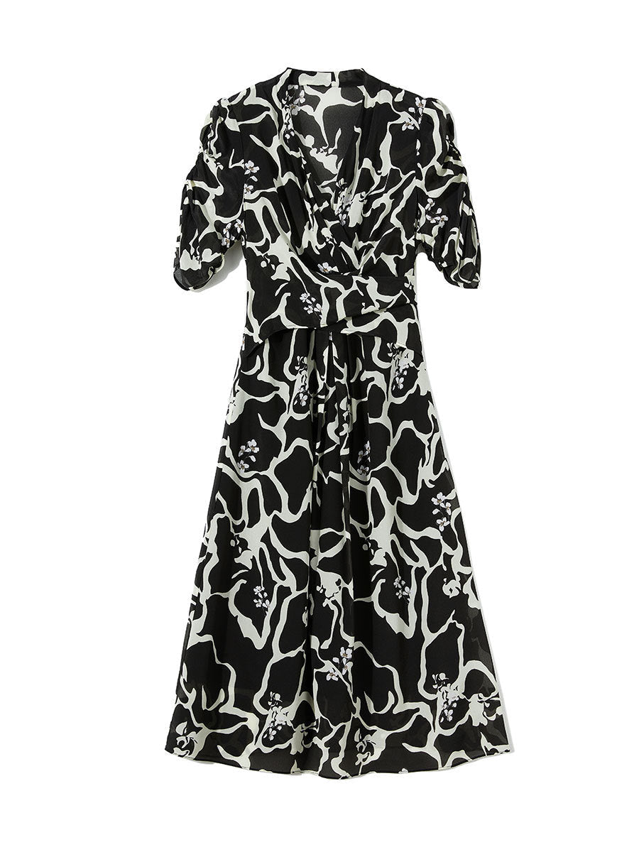 Abstract Print Silk Wrap Dress for Women Silk Midi Dress V Neck Short Sleeve Dress Black XS