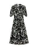 Abstract Print Silk Wrap Dress for Women Silk Midi Dress V Neck Short Sleeve Dress Black XS