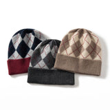 Argyle Cashmere Knit Beanie Patterned Cashmere Winter Cap Diamond Cashmere Hat