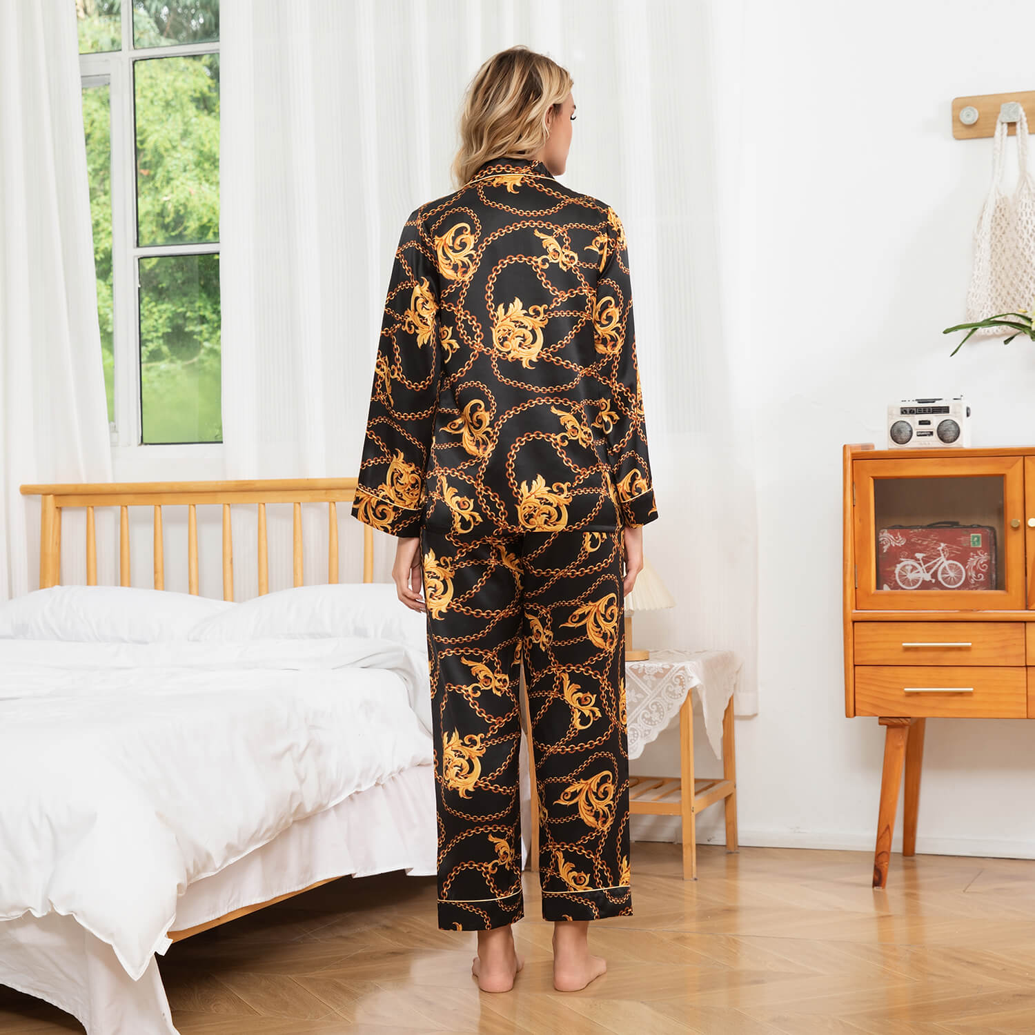 Baroque Chain Print Silk Pajama Set Long Silk Pajamas Silk Two Piece Lounge Set
