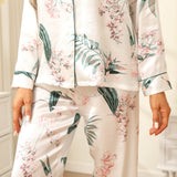 Silk Pajama Set For Women Long Flower Print Silk Pyjamas