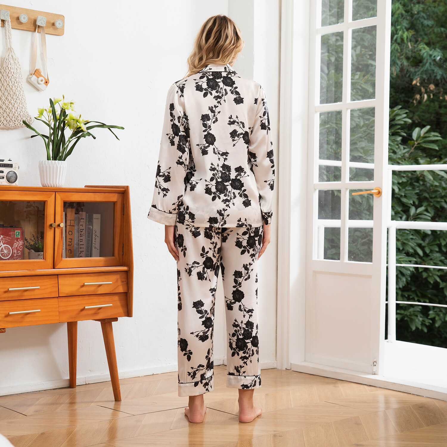 Black Rose Print Silk Pajama Set Womens Silk Pajamas Floral Pattern Silk PJS