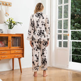 Black Rose Print Silk Pajama Set Womens Silk Pajamas Floral Pattern Silk PJS