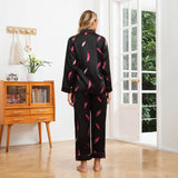Black Silk Pajamas with Pink Feather Print Long Sleeve Silk Pajama Set Silk PJ Sets