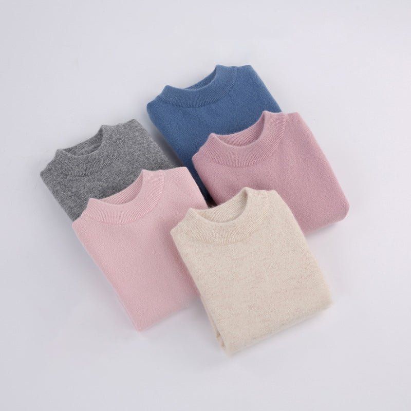 Boys And Girls Thick Crew Neck Pure Cashmere Sweater Ribbed Knit Hem Beige 90