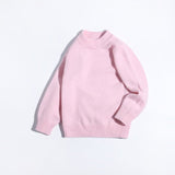Boys And Girls Thick Crew Neck Pure Cashmere Sweater Ribbed Knit Hem Pink 90