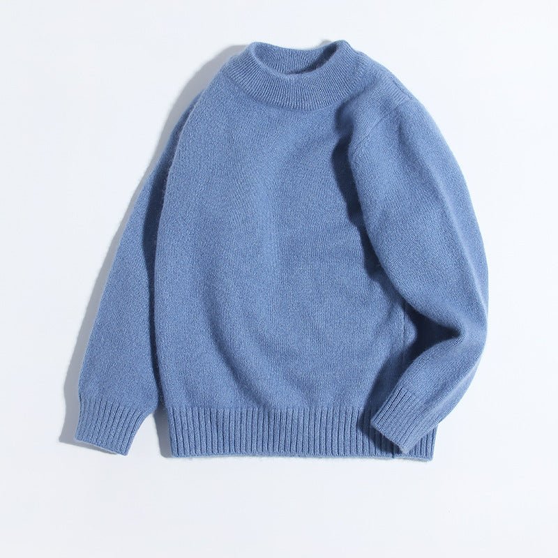 Boys And Girls Thick Crew Neck Pure Cashmere Sweater Ribbed Knit Hem Blue 90