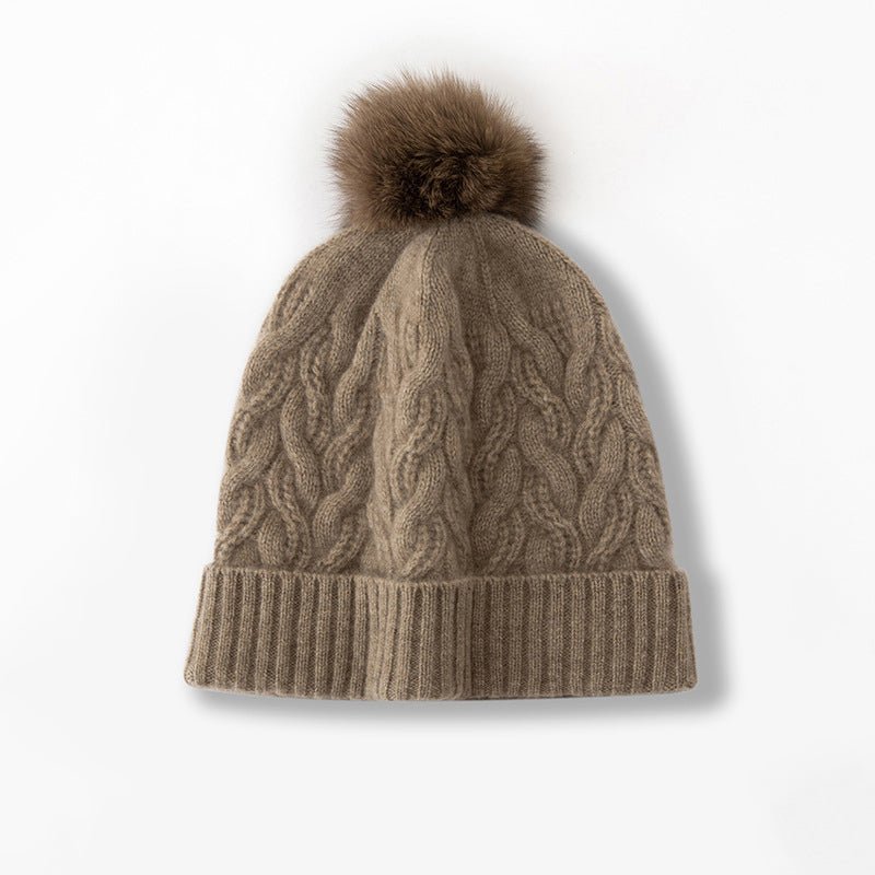 Cable Knit Pure Cashmere Beanie with Fur Pom Cashmere Hat Fluffy Pom