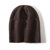 Pure Cashmere Cable Knit Beanie Ribbed Winter Hat With Leaf Pattern Coffee M