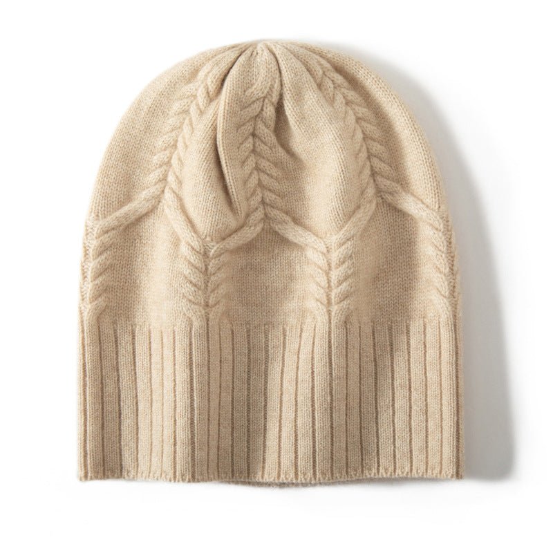 Pure Cashmere Cable Knit Beanie Ribbed Winter Hat With Leaf Pattern Beige M