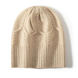 Pure Cashmere Cable Knit Beanie Ribbed Winter Hat With Leaf Pattern Beige M