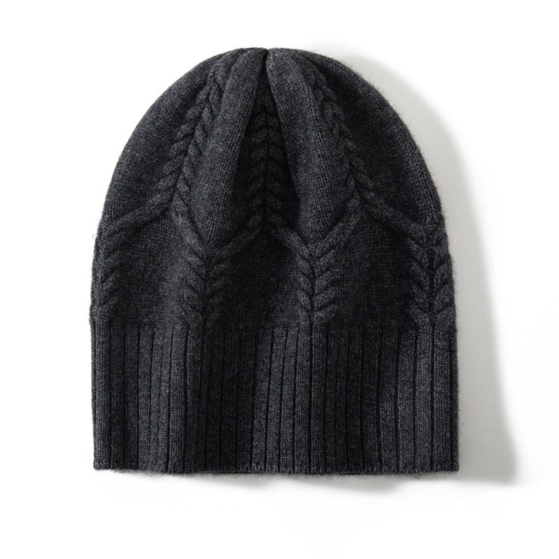 Pure Cashmere Cable Knit Beanie Ribbed Winter Hat With Leaf Pattern Dark Gray M