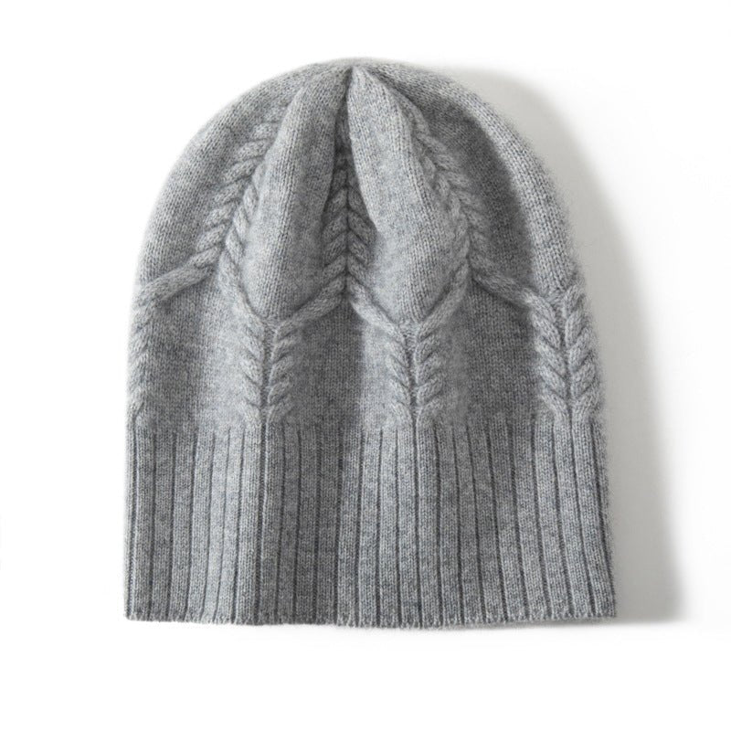 Pure Cashmere Cable Knit Beanie Ribbed Winter Hat With Leaf Pattern Gray M