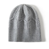 Pure Cashmere Cable Knit Beanie Ribbed Winter Hat With Leaf Pattern Gray M