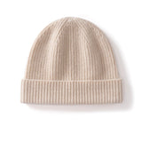 Cashmere Knit Beanie Hat with Fold Over Cuff Ribbed Winter Cashmere Cap