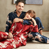 Long Crane Printed Silk Pajamas Set For Couples