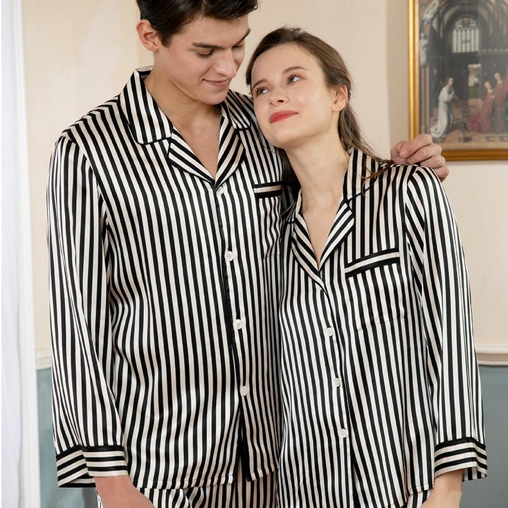 Matching Silk Pajamas Long Stripe Silk Pajama Set For Couples
