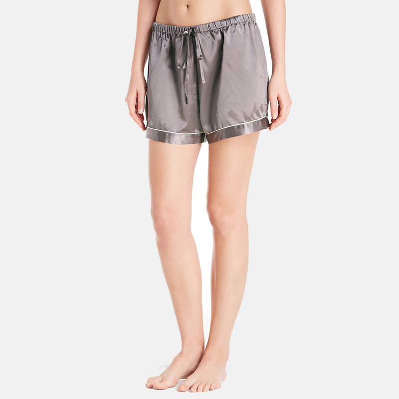 Dark Grey Silk Pajamas Shorts Set with White Trimming