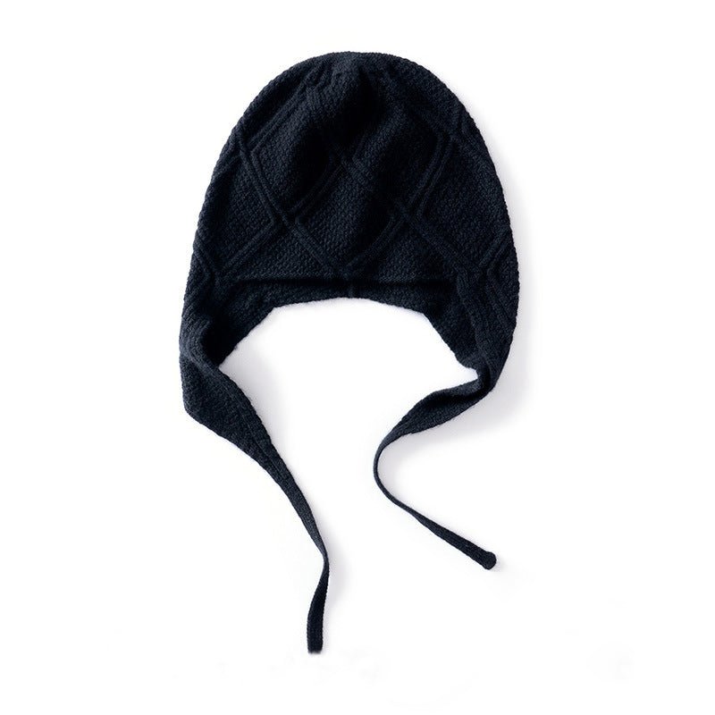 Diamond Knit Pure Cashmere Beanie Cashmere Bonnet Hat with Ties